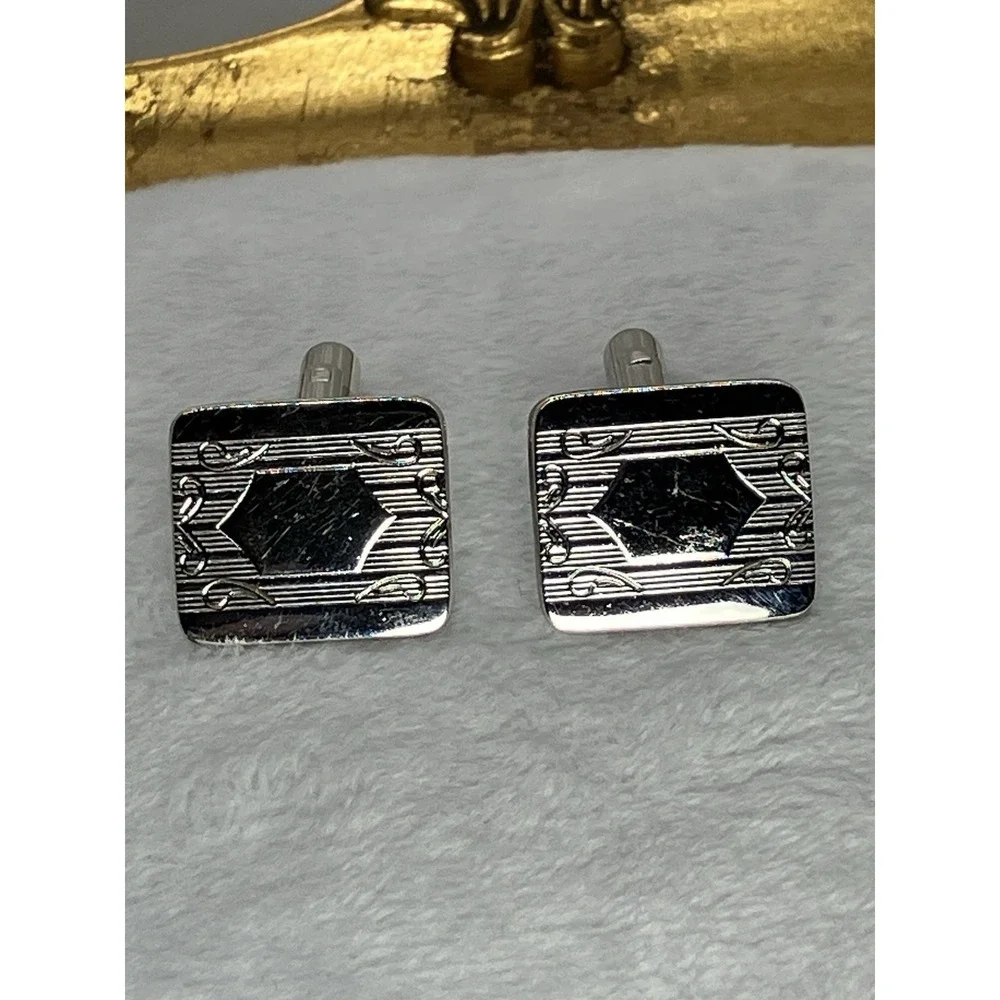 Vtg Silver‎ Tone Cufflinks Ornate Monogram Engrave Ready Old Money Estate MCM